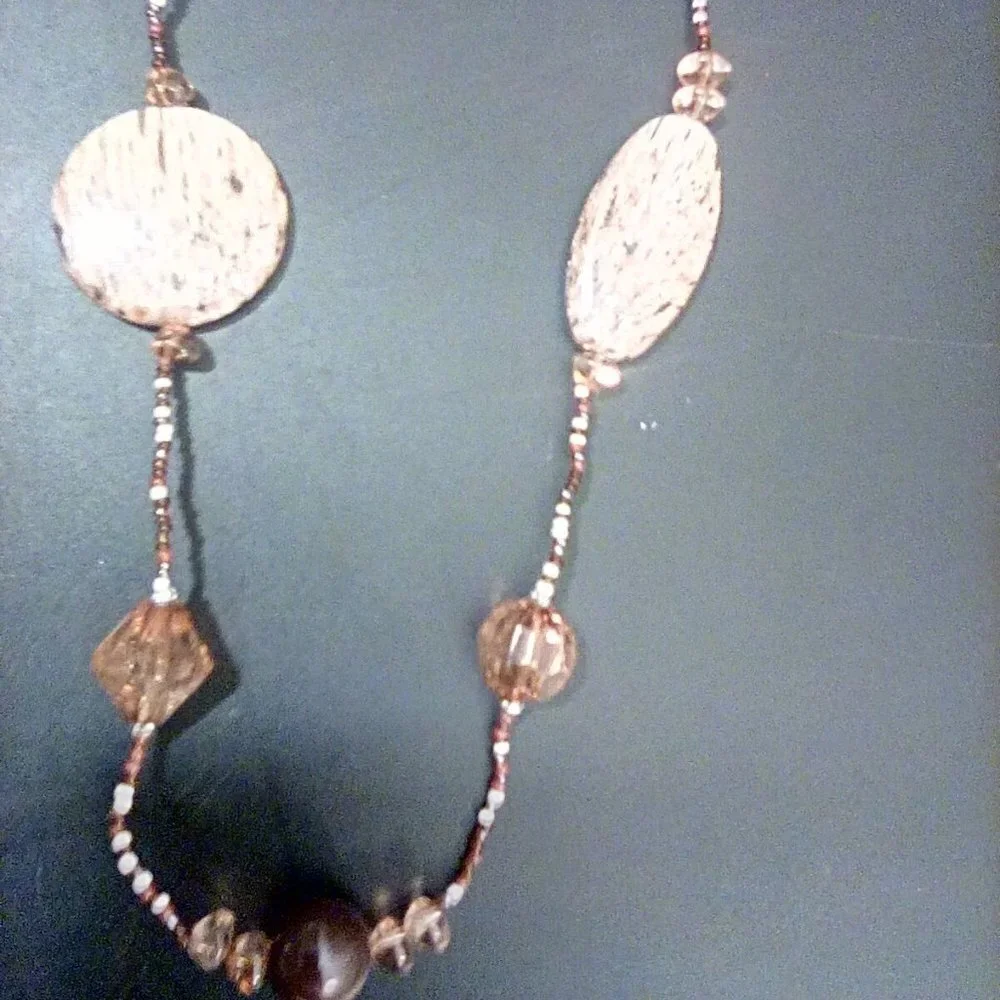 Beautiful Unique Long Beaded Necklace Neutral Colors 39